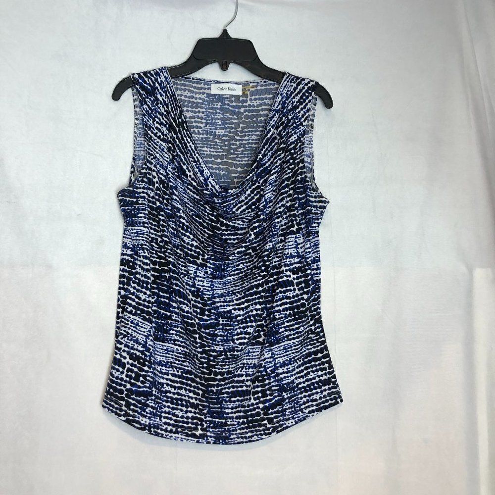 CALVIN KLEIN Womens Size M Blue/White Geometric Drape Neck Sleeveless Blouse.  C